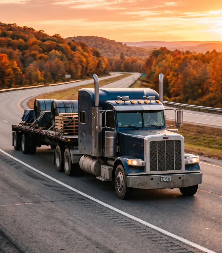 A class-8 tractor hauling a loaded flatbed trailer along an open interstate at golden hour.